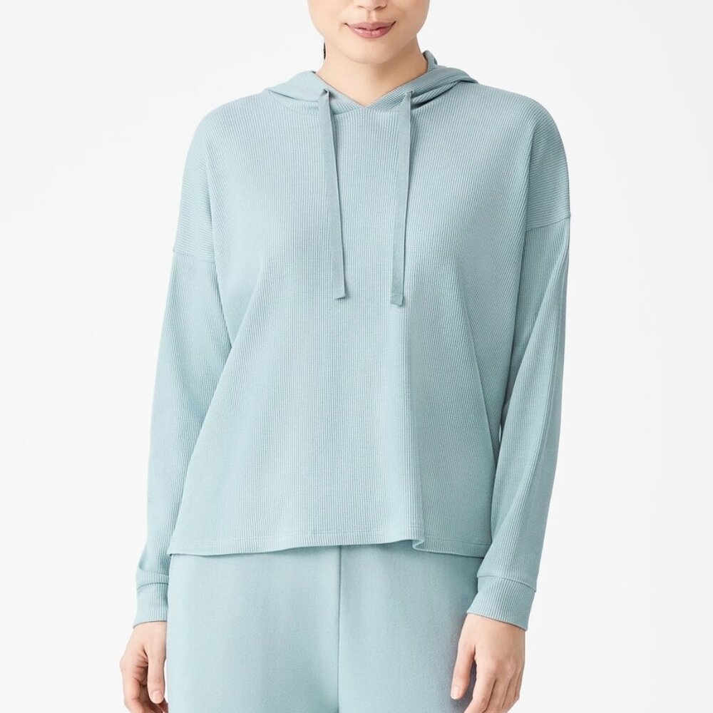 Eileen Fisher Women's Hoodie Top Small Blue Cozy Waffle Knit Boxy Long Sleeve